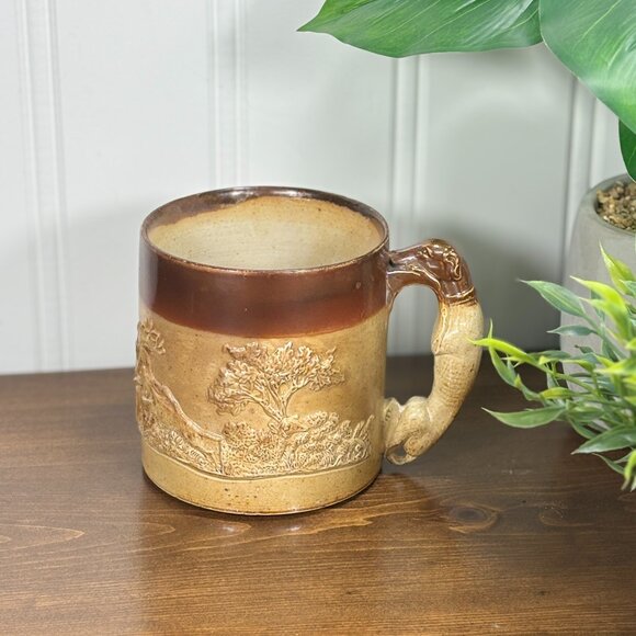 Antique Salt Glaze Hunting Mug with Hound Handle 1800s Stoneware Tankard - Picture 1 of 14
